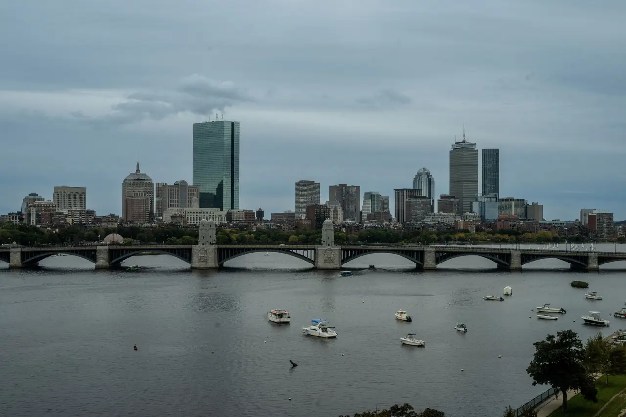 Longfellow Bridge over the Charles River with the Back Bay skyline, including the John Hancock Tower and Prudential Center, in Boston