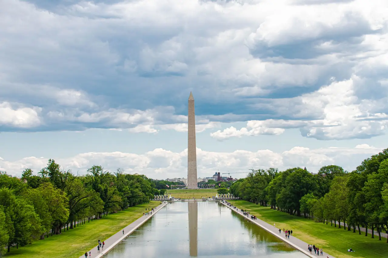 The Washington Monument reflected in the Lincoln Memorial Reflecting Pool on the National Mall