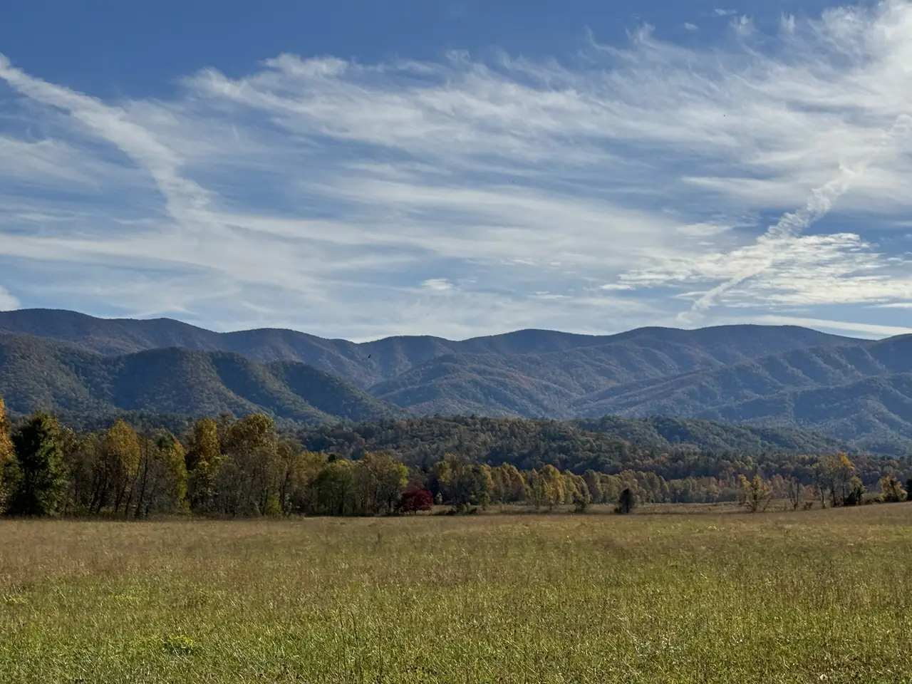 The open meadow of Cades Cove ringed by forested Smoky Mountain ridges under streaky October clouds